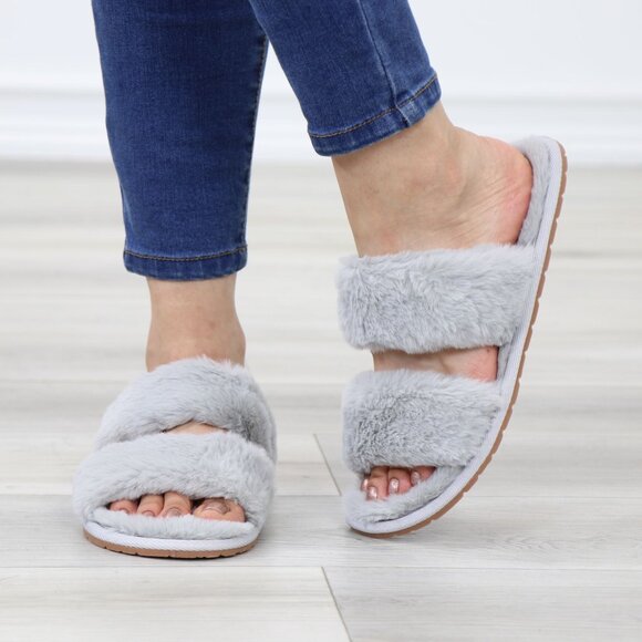 Grey Puff Fuzzy Furry Fluffy Slip On Plush Slippers Double Strap - Picture 12 of 13